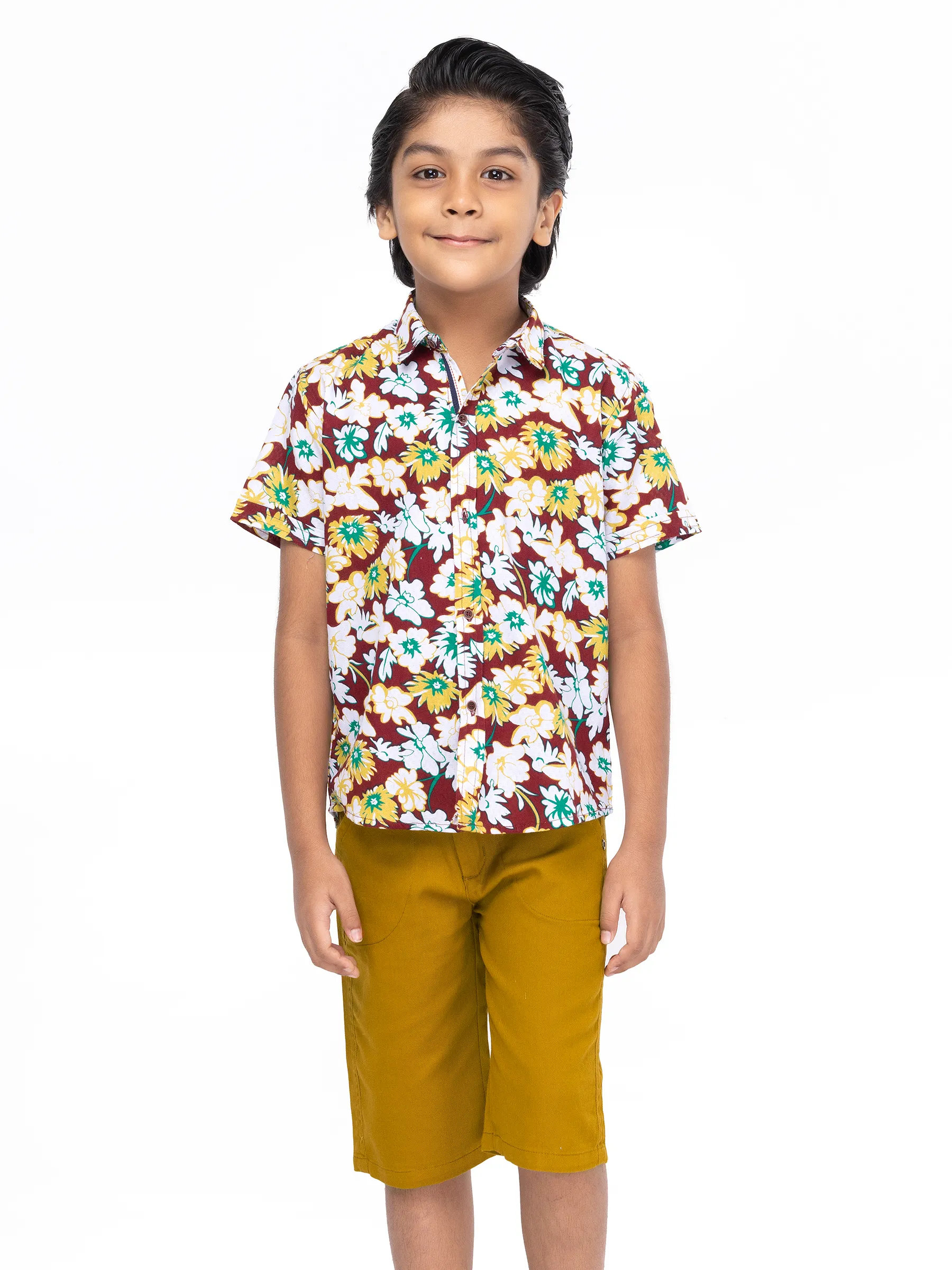 Maroon Printed Cotton Shirt Pant Set